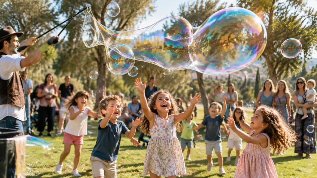 ילדים משחקים עם בועות סבון ענקיות בפארק